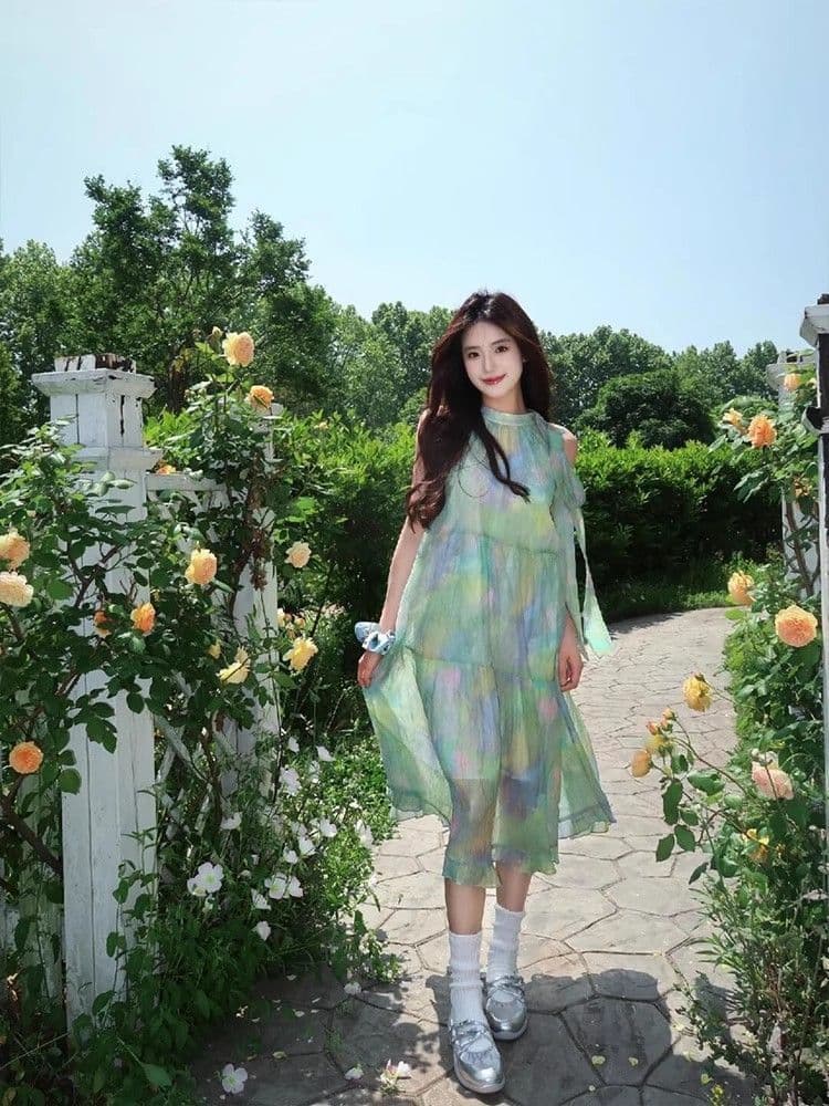 박하 남자 웨이브 녹색 색 후광 염색 행침 목 여성 드레스 여름 프랑스식 달콤함 슬림해 보이는 오프숄더 디자인 센스 길다 치마 상세 이미지 5