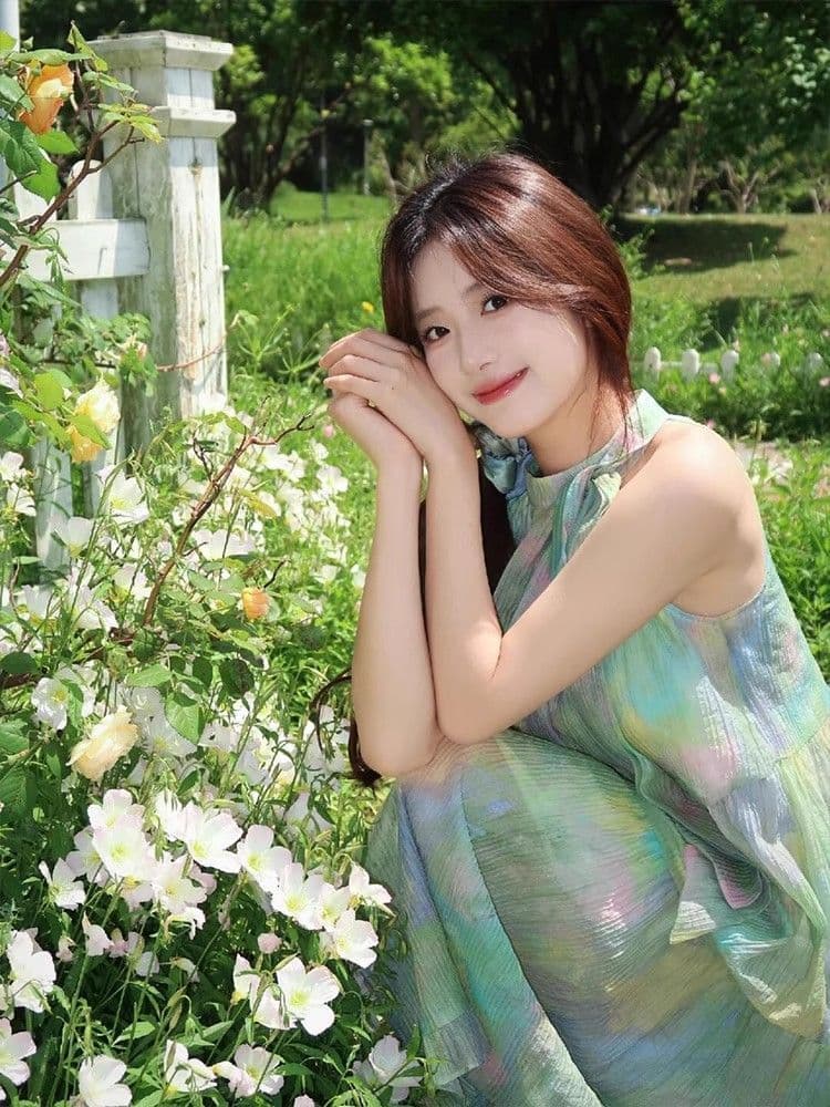 박하 남자 웨이브 녹색 색 후광 염색 행침 목 여성 드레스 여름 프랑스식 달콤함 슬림해 보이는 오프숄더 디자인 센스 길다 치마 상세 이미지 11