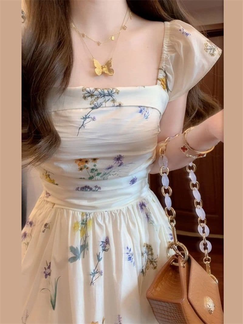 프랑스식 광장 칼라 작은 날다 소매 꽃무늬 드레스 아이들 여름 2026 새로운 허리 수축 백리스 품격 한 마디 롱 스커트 상세 이미지 3