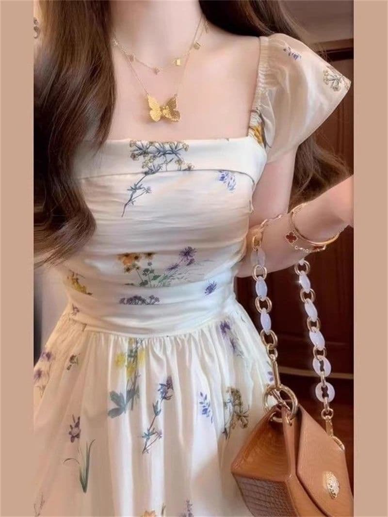 프랑스식 광장 칼라 작은 날다 소매 꽃무늬 드레스 아이들 여름 2026 새로운 허리 수축 백리스 품격 한 마디 롱 스커트 상세 이미지 5