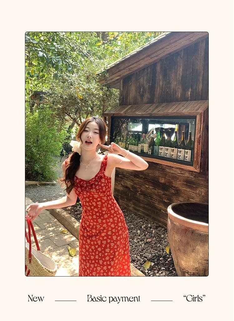 빨간색 꽃무늬 레트로 슬립 여성 드레스 여름 2026 새로운 허리 수축 한 마디 슬림해 보이는 백리스 휴가 롱 스커트 상세 이미지 5