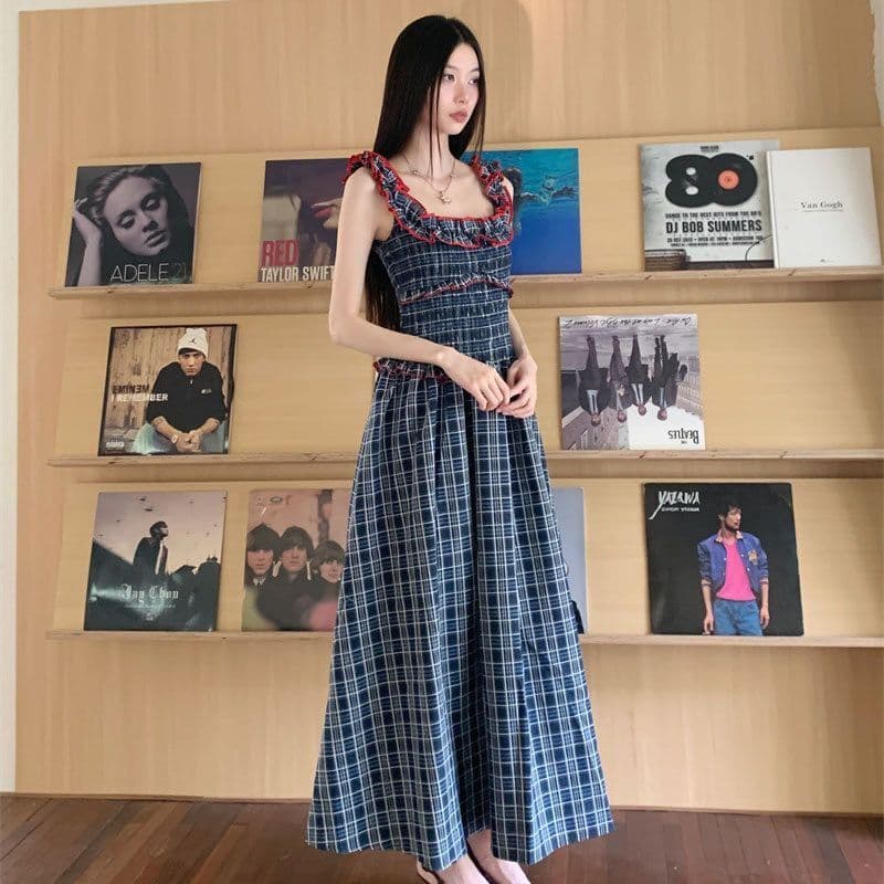 한 부서 학원 스타일 품격 허리 수축 프릴 체크무늬 슬립 드레스 여성 패션 여름 새로운 스퀘어 입 칼라 무릎 아래 롱 스커트 이미지 2