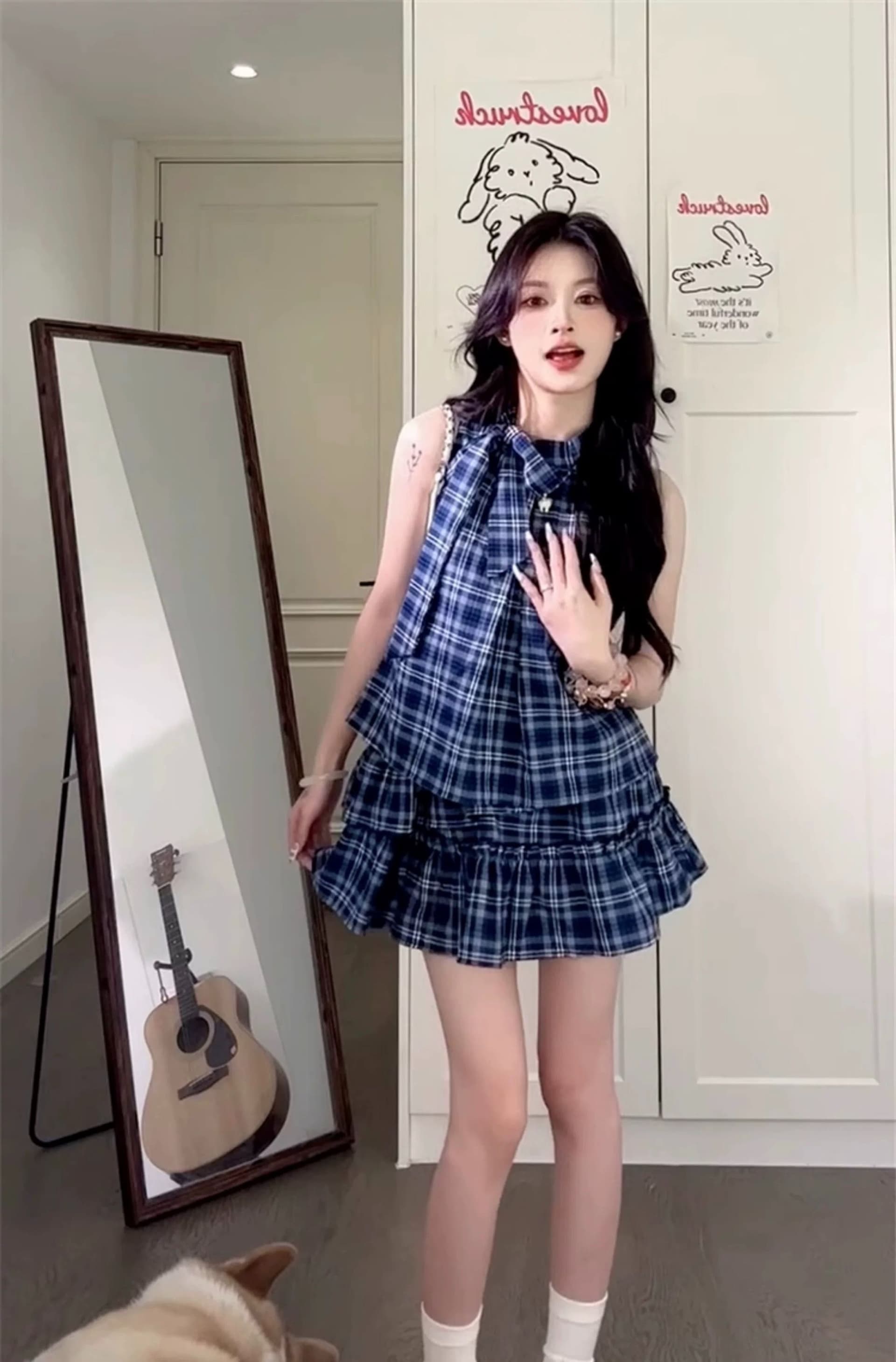 파란색 격자 무늬 셔츠 민소매 조끼 원피스 아이들 여름 2026 새로운 폭발 작은 키 케이크 미니 스커트 상세 이미지 2
