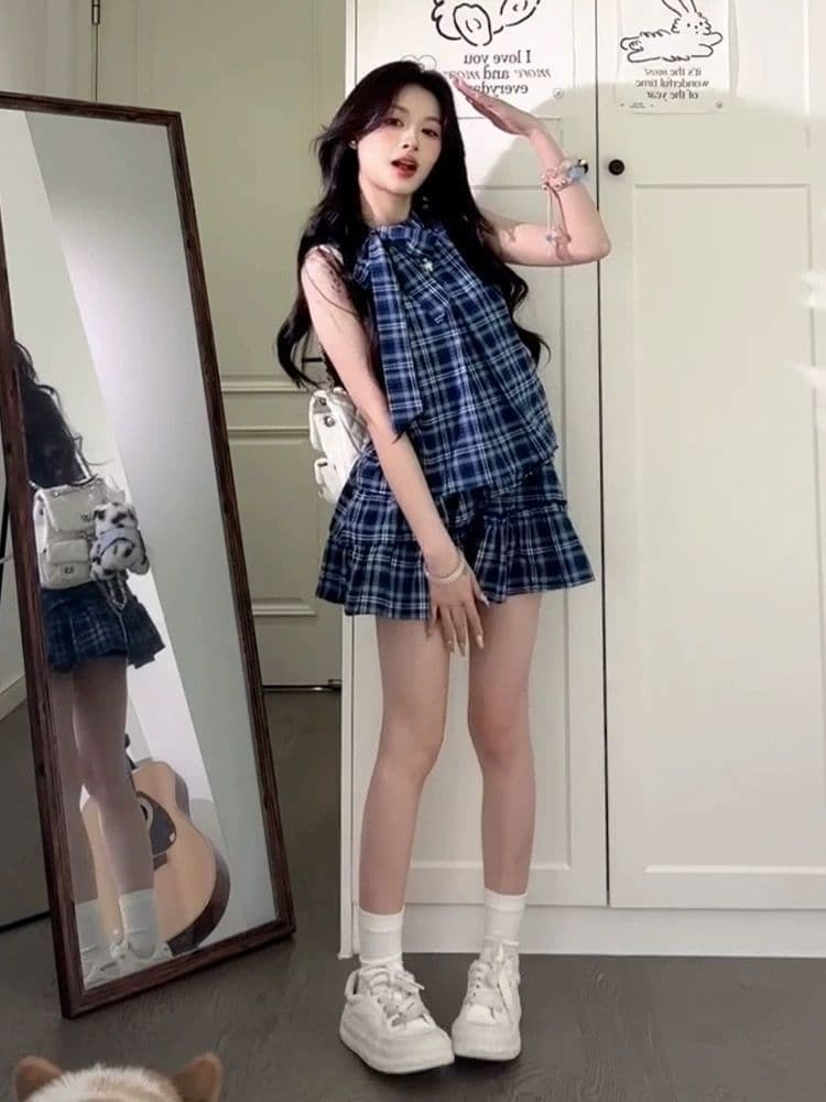 파란색 격자 무늬 셔츠 민소매 조끼 원피스 아이들 여름 2026 새로운 폭발 작은 키 케이크 미니 스커트 상세 이미지 11