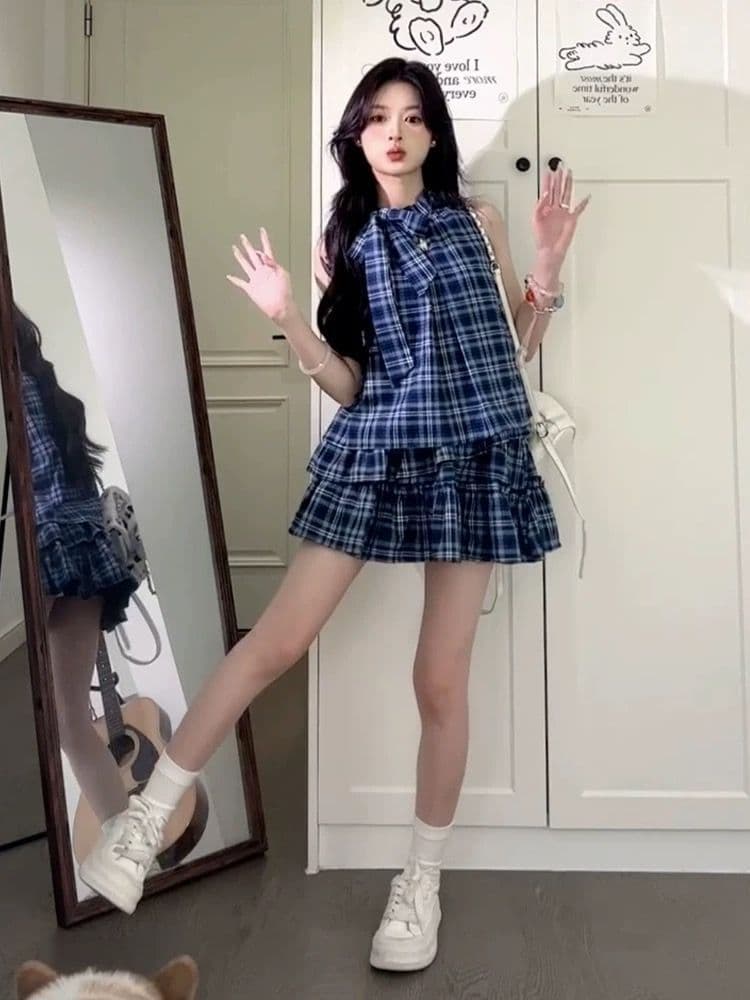 파란색 격자 무늬 셔츠 민소매 조끼 원피스 아이들 여름 2026 새로운 폭발 작은 키 케이크 미니 스커트 상세 이미지 12