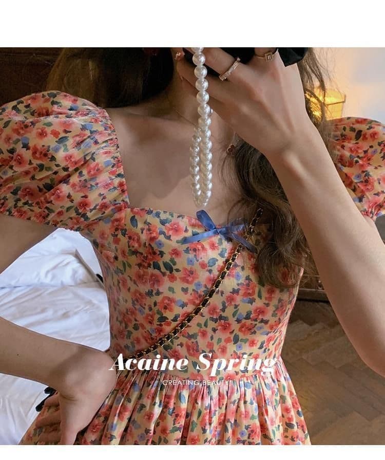 차 휴식 고대 복장 vintage 요정 치마 프랑스식 첫사랑 달콤함 부드러운 꽃무늬 여성 드레스 여름 상세 이미지 3