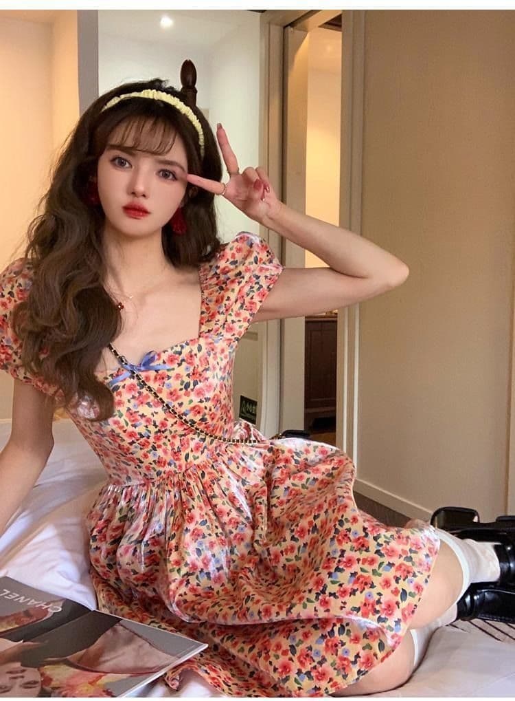차 휴식 고대 복장 vintage 요정 치마 프랑스식 첫사랑 달콤함 부드러운 꽃무늬 여성 드레스 여름 상세 이미지 7
