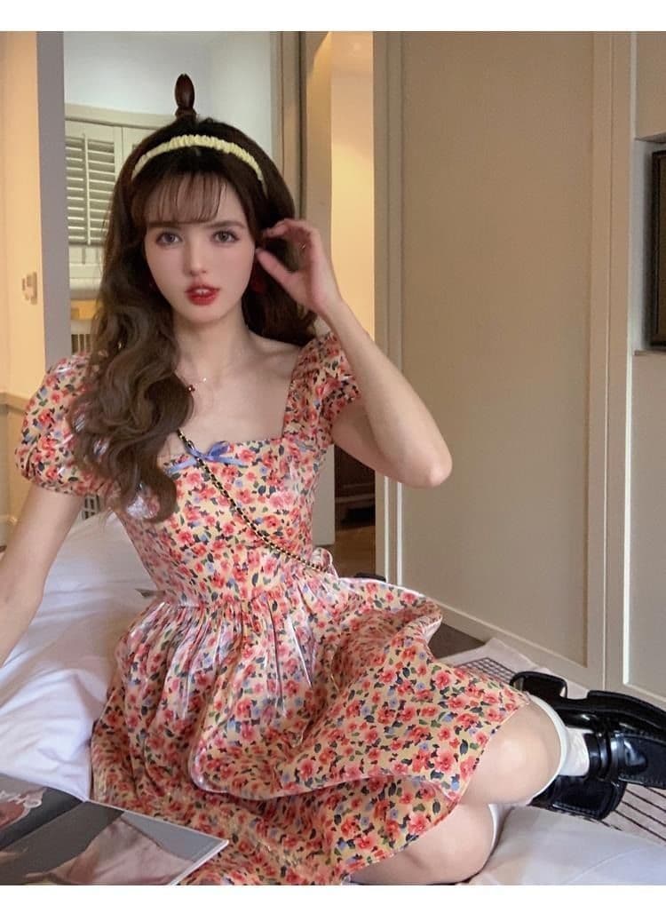 차 휴식 고대 복장 vintage 요정 치마 프랑스식 첫사랑 달콤함 부드러운 꽃무늬 여성 드레스 여름 상세 이미지 8