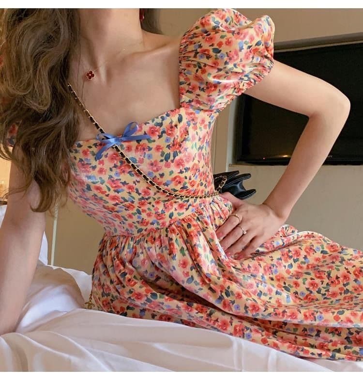 차 휴식 고대 복장 vintage 요정 치마 프랑스식 첫사랑 달콤함 부드러운 꽃무늬 여성 드레스 여름 상세 이미지 10