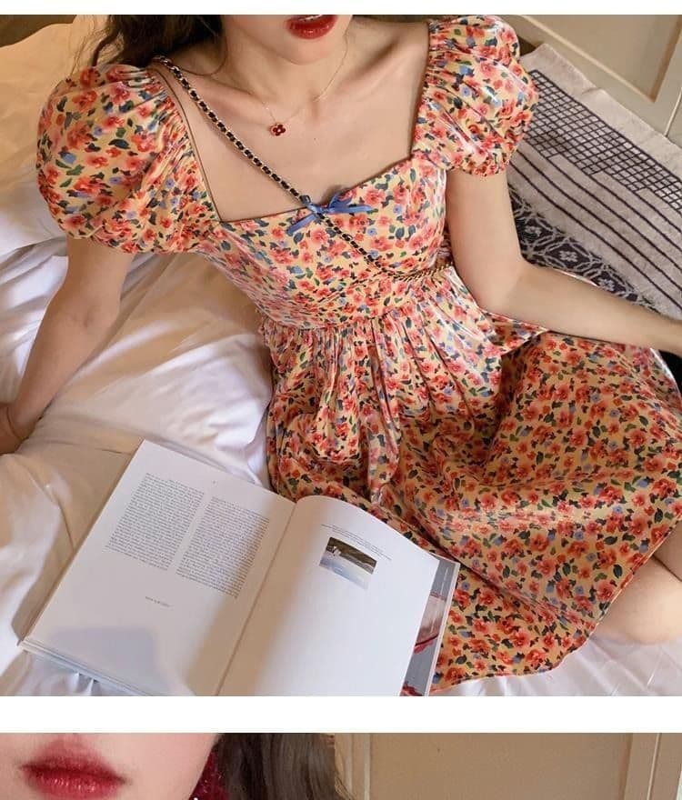 차 휴식 고대 복장 vintage 요정 치마 프랑스식 첫사랑 달콤함 부드러운 꽃무늬 여성 드레스 여름 상세 이미지 12