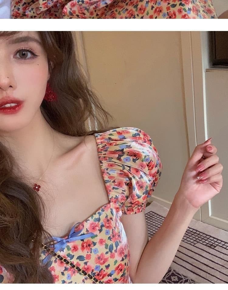 차 휴식 고대 복장 vintage 요정 치마 프랑스식 첫사랑 달콤함 부드러운 꽃무늬 여성 드레스 여름 상세 이미지 15