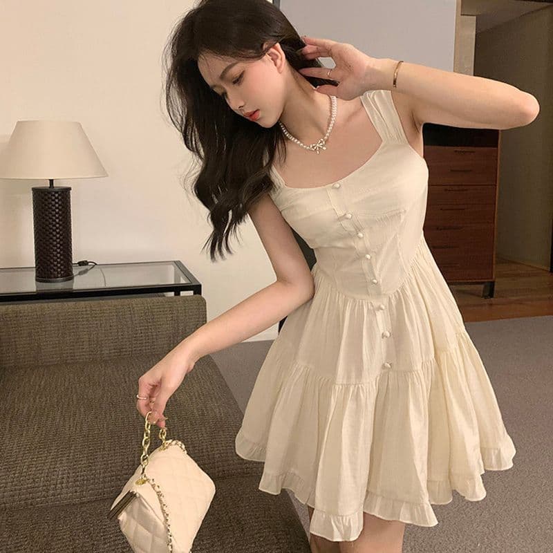 여름 하얀 달빛 품격 달콤함 부드러운 바람 슬립 여성 드레스 몸매 가꾸기 슬림해 보이는 단색 치마 이미지 3