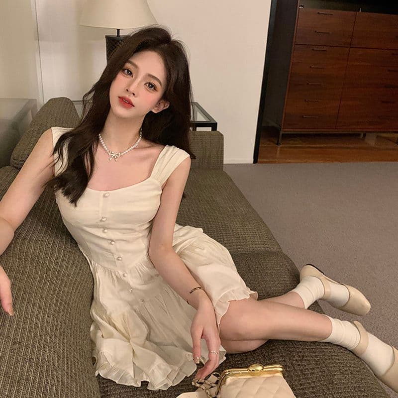 여름 하얀 달빛 품격 달콤함 부드러운 바람 슬립 여성 드레스 몸매 가꾸기 슬림해 보이는 단색 치마 이미지 5