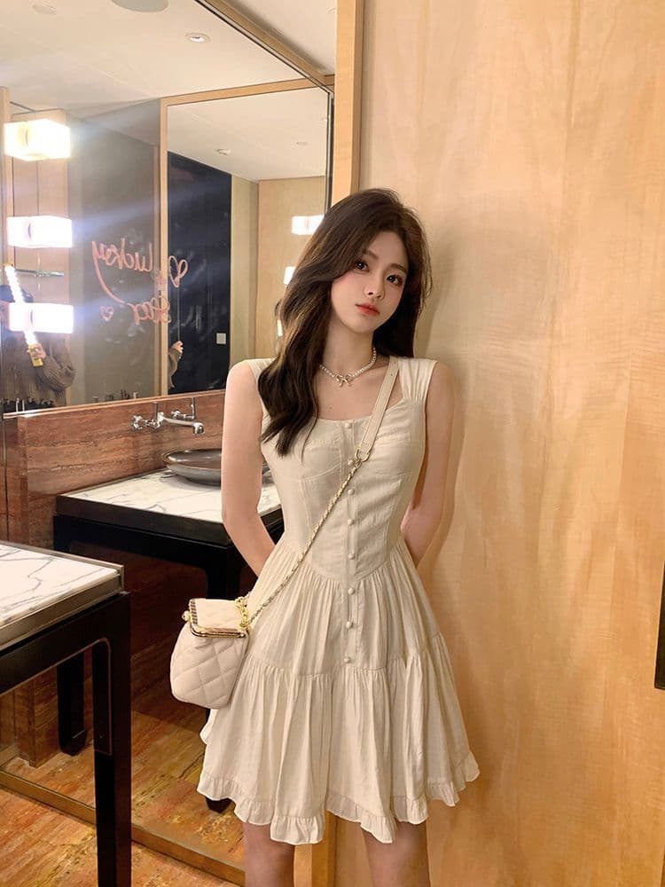 여름 하얀 달빛 품격 달콤함 부드러운 바람 슬립 여성 드레스 몸매 가꾸기 슬림해 보이는 단색 치마 상세 이미지 2