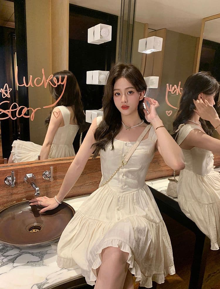 여름 하얀 달빛 품격 달콤함 부드러운 바람 슬립 여성 드레스 몸매 가꾸기 슬림해 보이는 단색 치마 상세 이미지 8