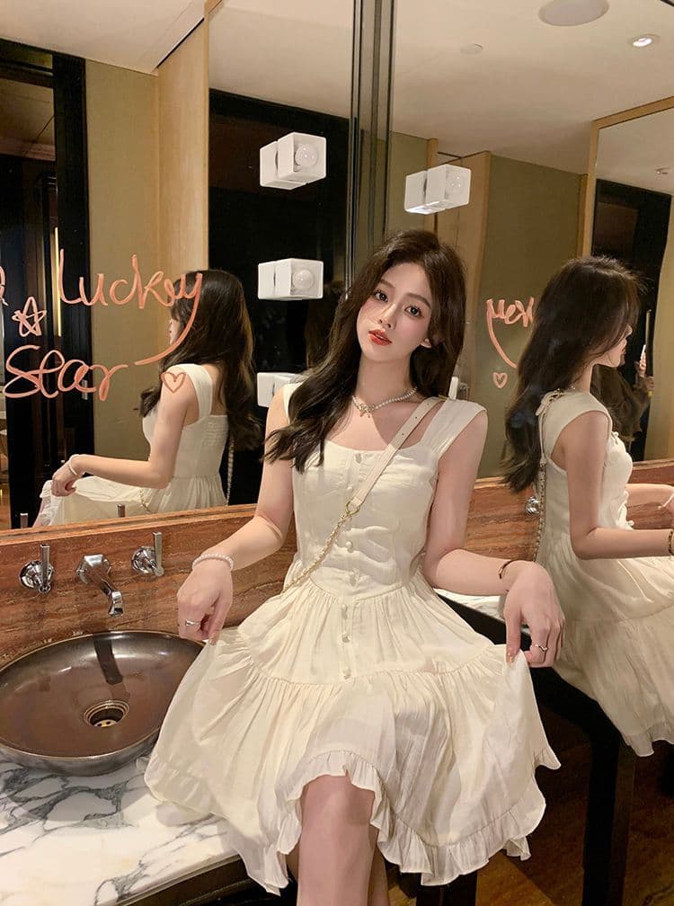 여름 하얀 달빛 품격 달콤함 부드러운 바람 슬립 여성 드레스 몸매 가꾸기 슬림해 보이는 단색 치마 상세 이미지 10