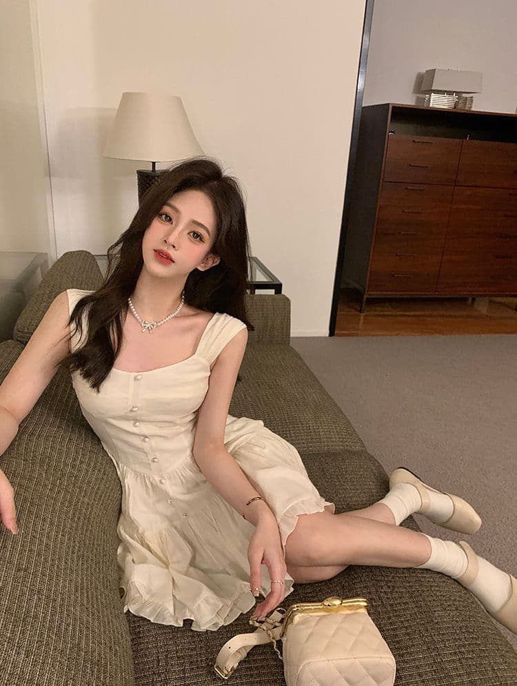 여름 하얀 달빛 품격 달콤함 부드러운 바람 슬립 여성 드레스 몸매 가꾸기 슬림해 보이는 단색 치마 상세 이미지 15