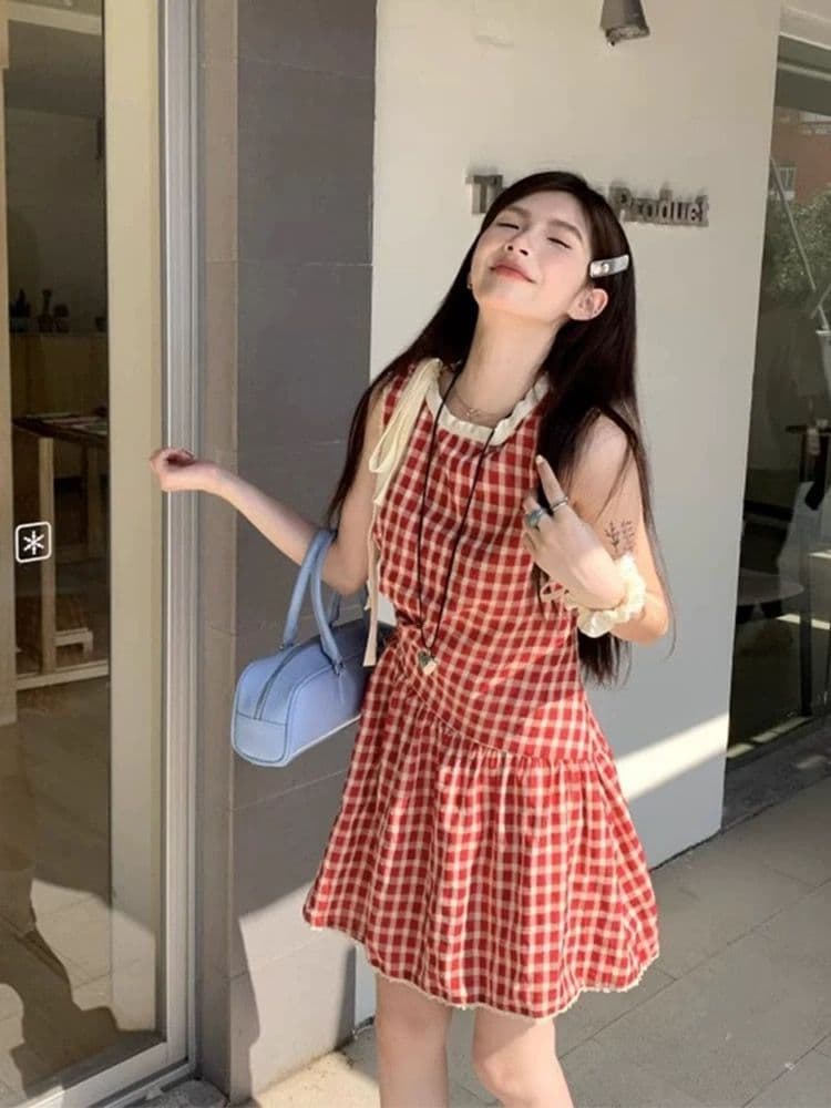 프랑스식 빨간색 체크무늬 여성 드레스 여름 새로운 패션 디자인 센스 스트랩 허리 수축 민소매 쇼트 스타일 A라인 스커트 상세 이미지 1