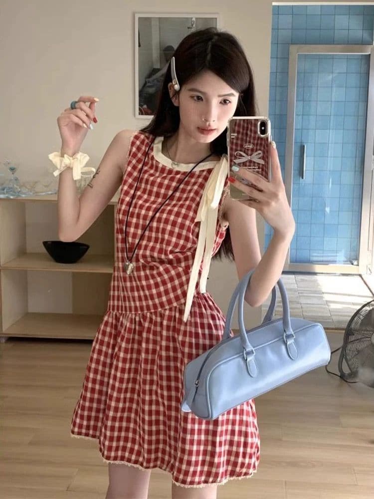 프랑스식 빨간색 체크무늬 여성 드레스 여름 새로운 패션 디자인 센스 스트랩 허리 수축 민소매 쇼트 스타일 A라인 스커트 상세 이미지 2