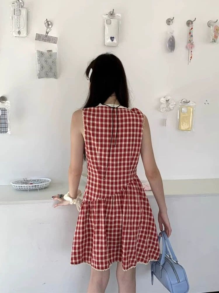 프랑스식 빨간색 체크무늬 여성 드레스 여름 새로운 패션 디자인 센스 스트랩 허리 수축 민소매 쇼트 스타일 A라인 스커트 상세 이미지 5