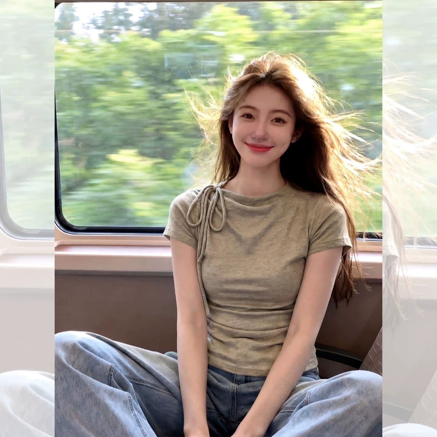 아메리칸 레트로 스트랩 비스듬한 어깨 반팔 티셔츠 여성 여름 모달 이끼 녹색 몸매 가꾸기 슬림해 보이는 허리 수축 작은 맨위