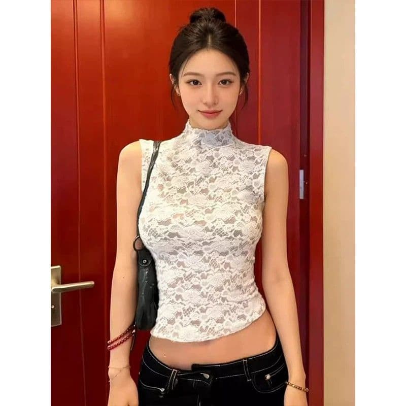 프랑스식 레트로 스타일 달콤한 매운맛 레이스 스탠드 칼라 민소매 조끼 여성 봄 여름 디자인 센스 몸매 가꾸기 슬림해 보이는 품격 맨위
