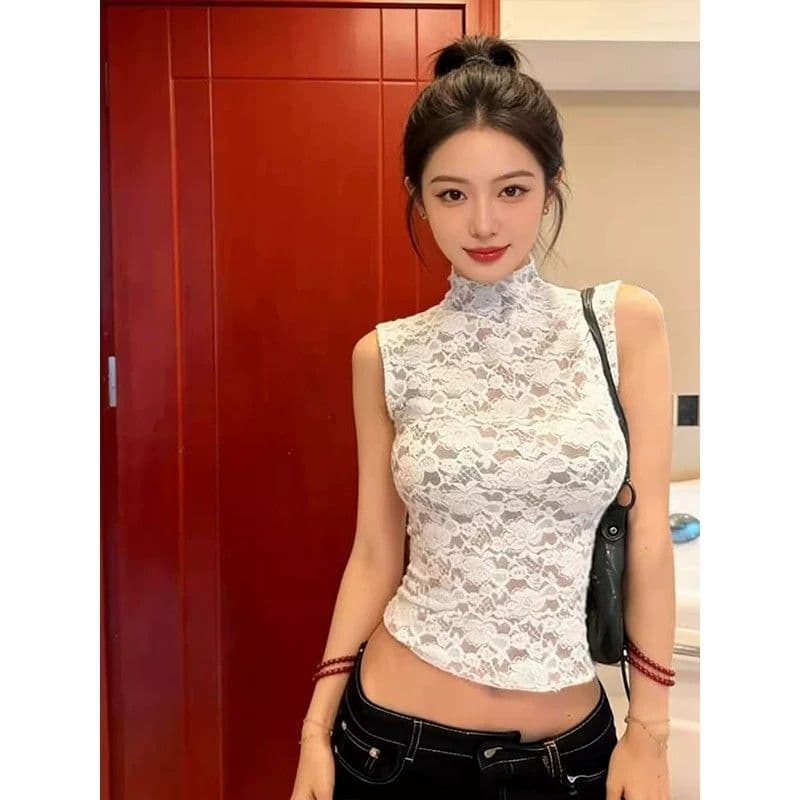 프랑스식 레트로 스타일 달콤한 매운맛 레이스 스탠드 칼라 민소매 조끼 여성 봄 여름 디자인 센스 몸매 가꾸기 슬림해 보이는 품격 맨위 이미지 3