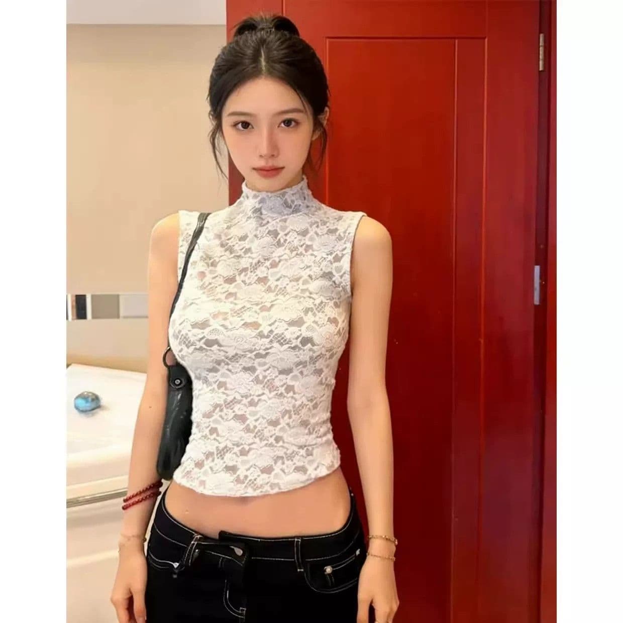 프랑스식 레트로 스타일 달콤한 매운맛 레이스 스탠드 칼라 민소매 조끼 여성 봄 여름 디자인 센스 몸매 가꾸기 슬림해 보이는 품격 맨위 상세 이미지 1
