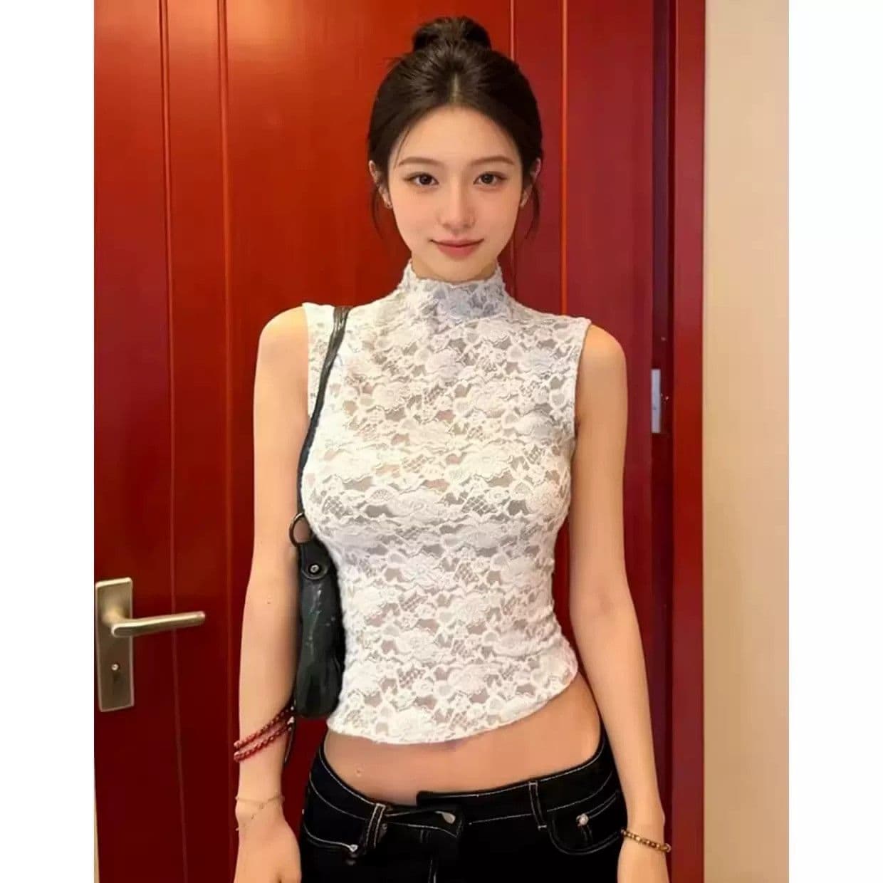 프랑스식 레트로 스타일 달콤한 매운맛 레이스 스탠드 칼라 민소매 조끼 여성 봄 여름 디자인 센스 몸매 가꾸기 슬림해 보이는 품격 맨위 상세 이미지 4