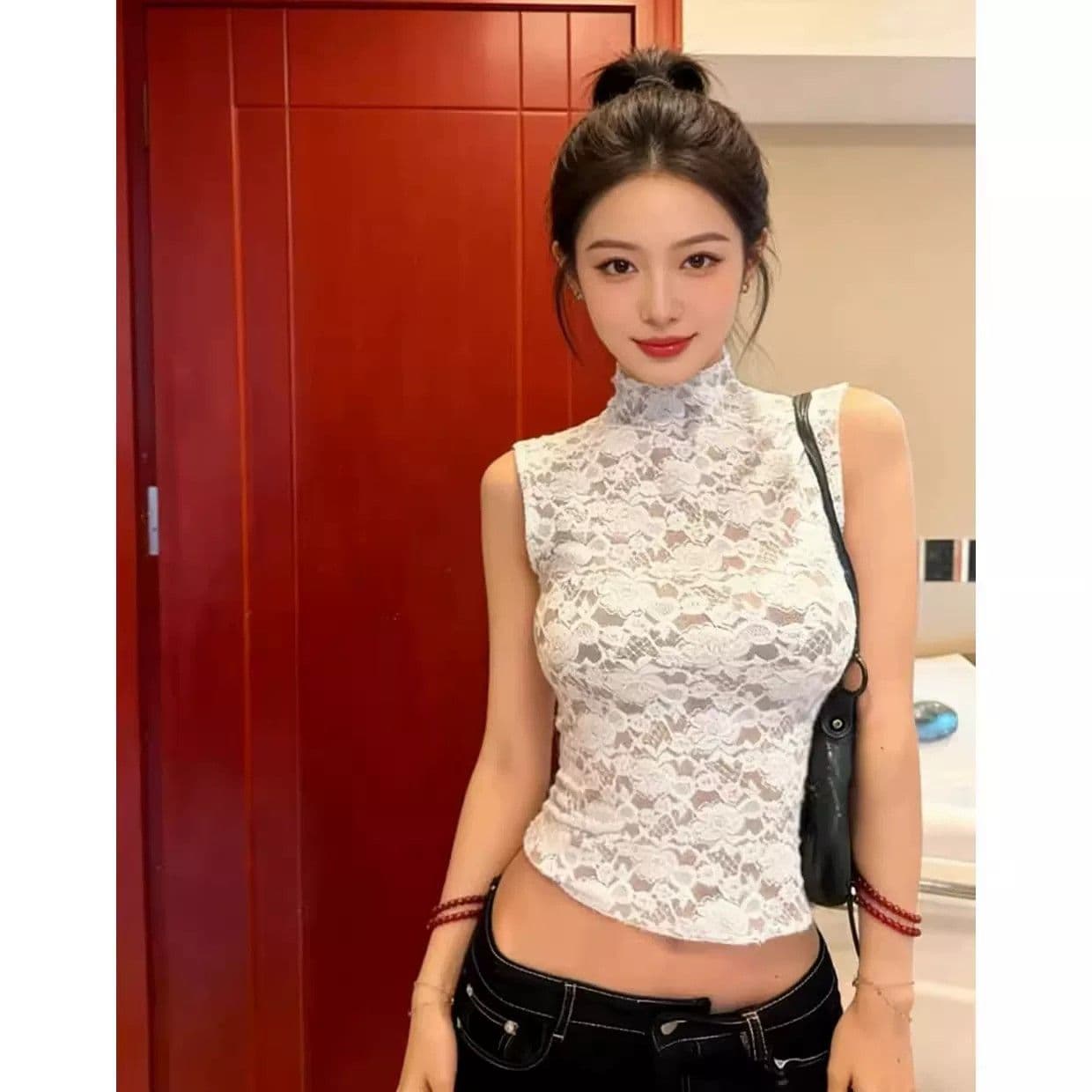 프랑스식 레트로 스타일 달콤한 매운맛 레이스 스탠드 칼라 민소매 조끼 여성 봄 여름 디자인 센스 몸매 가꾸기 슬림해 보이는 품격 맨위 상세 이미지 5