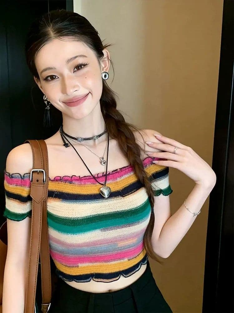 원본 원단 것 도파민 바람 색상 니트 스트라이프 여름 달콤한 매운맛 오프숄더 반팔 맨위 여성 상세 이미지 2