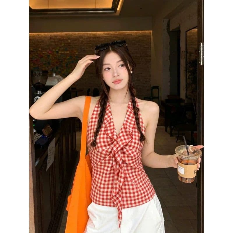 원본 원단 것 캐미솔 여름 새로운 아름다움 뒤로 빨간색 체크무늬 핫걸 민소매 행침 목 맨위 여성 이미지 3