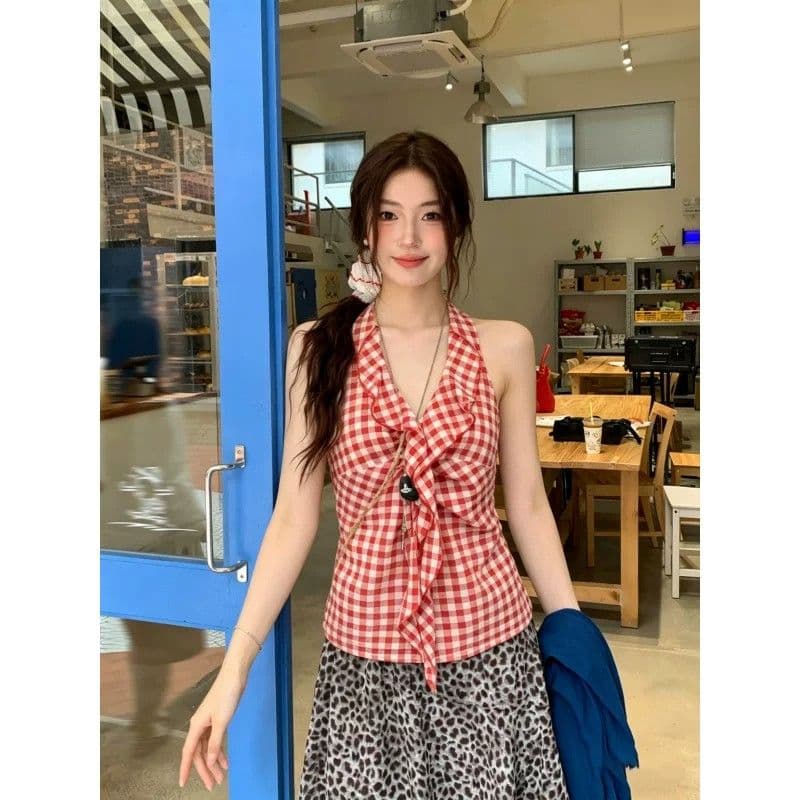 원본 원단 것 캐미솔 여름 새로운 아름다움 뒤로 빨간색 체크무늬 핫걸 민소매 행침 목 맨위 여성 상세 이미지 6