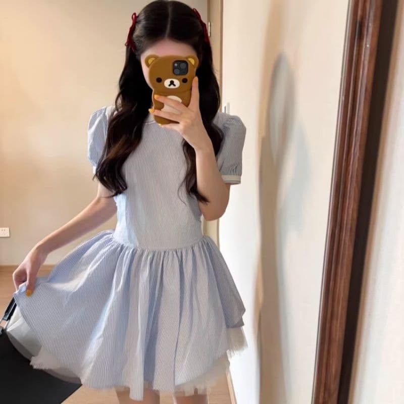 학원 스타일 베이비 칼라 파란색 스트라이프 반팔 셔츠 드레스 아이들 여름 작은 키 허리 수축 퍼프 미니 스커트