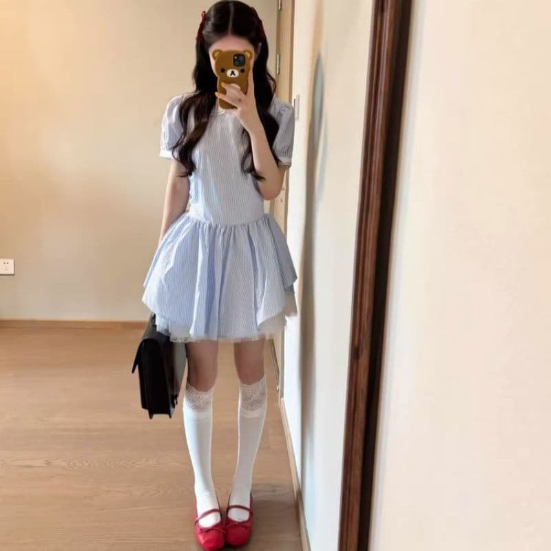 학원 스타일 베이비 칼라 파란색 스트라이프 반팔 셔츠 드레스 아이들 여름 작은 키 허리 수축 퍼프 미니 스커트 이미지 2