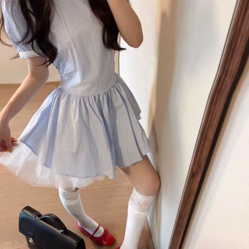 학원 스타일 베이비 칼라 파란색 스트라이프 반팔 셔츠 드레스 아이들 여름 작은 키 허리 수축 퍼프 미니 스커트 이미지 3