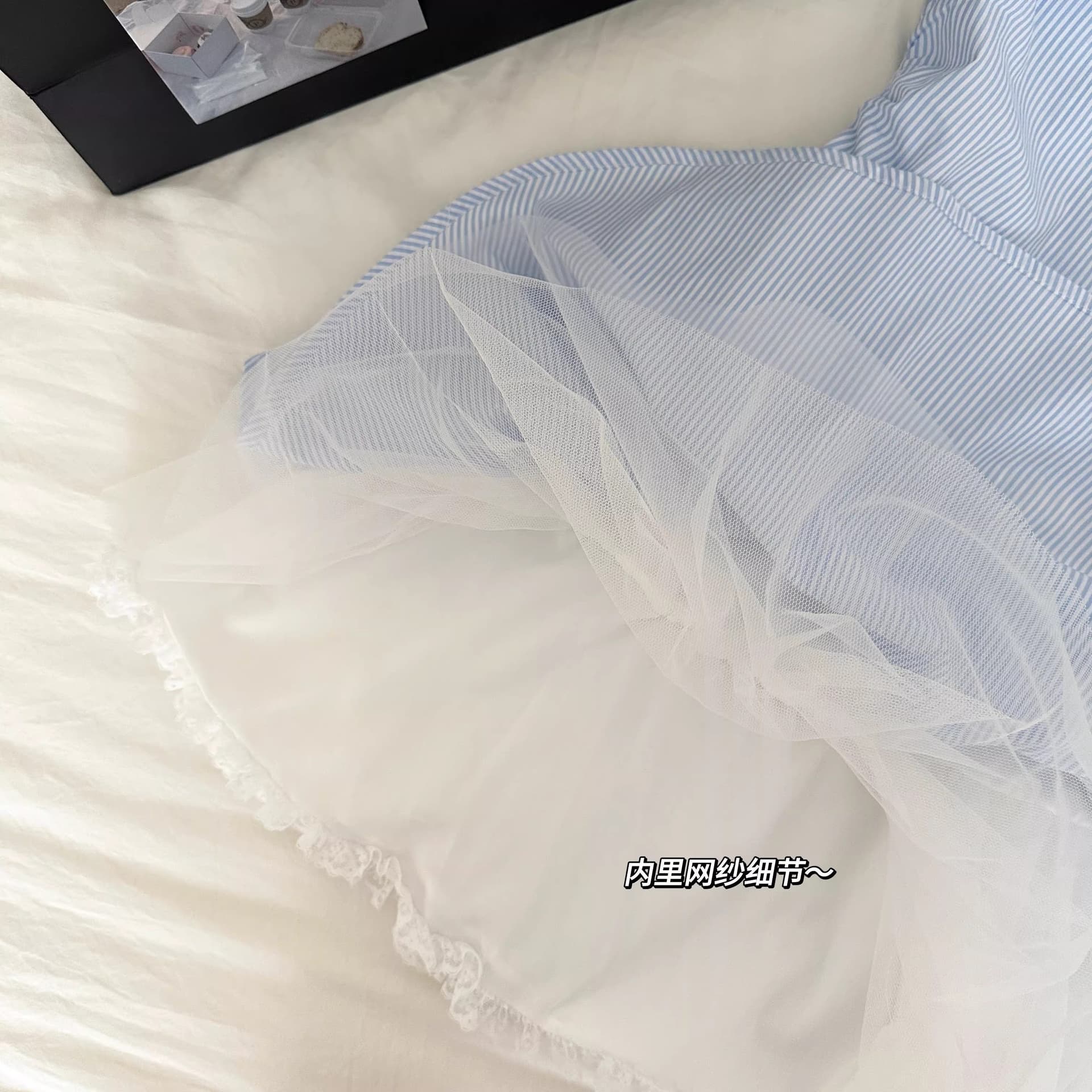 학원 스타일 베이비 칼라 파란색 스트라이프 반팔 셔츠 드레스 아이들 여름 작은 키 허리 수축 퍼프 미니 스커트 상세 이미지 9