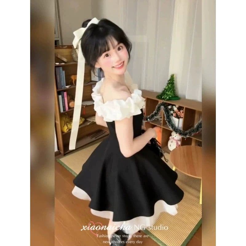 달콤함 오프숄더 여성 드레스 여름 첫사랑 공주 바람 퍼프 스커트 허리 수축 프랑스식 그는 벤 작은 키 미니 스커트 이미지 3