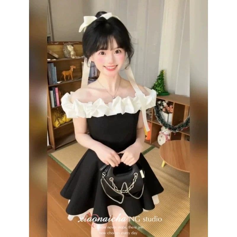 달콤함 오프숄더 여성 드레스 여름 첫사랑 공주 바람 퍼프 스커트 허리 수축 프랑스식 그는 벤 작은 키 미니 스커트 이미지 4