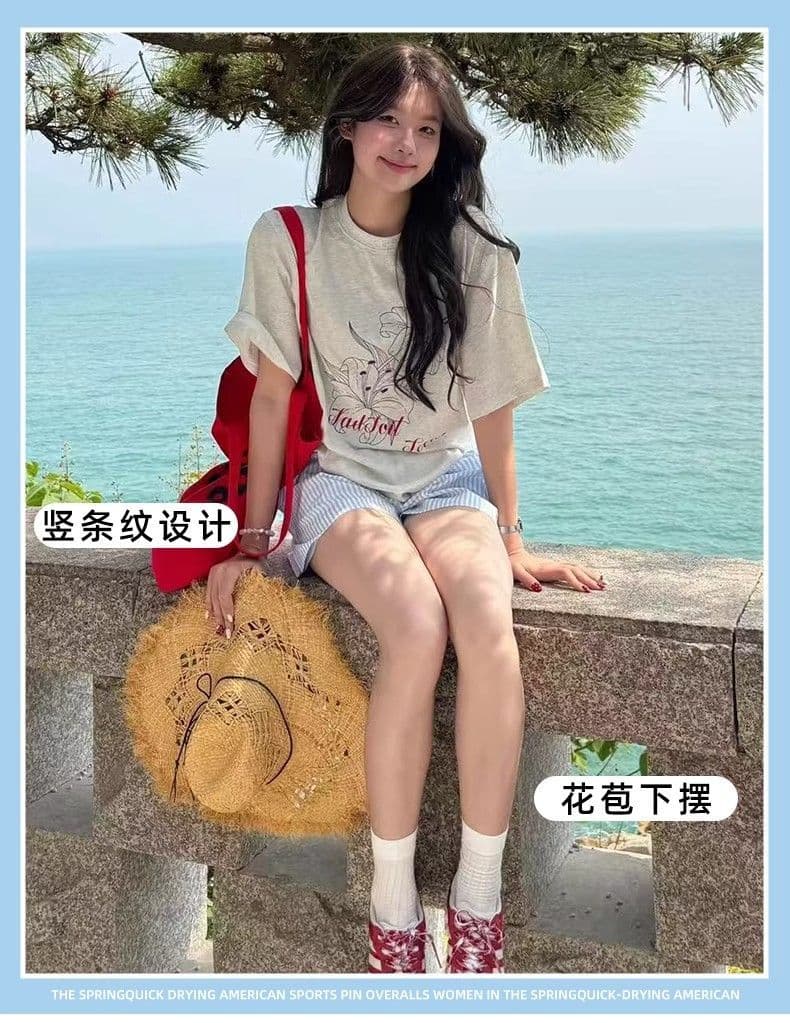 한 부서 파란색 스트라이프 반바지 여성 여름 얇은 스타일 자수 펌프 로프 핫 바지 하이웨이스트 넓은 다리 운동 루즈핏 3 점 바지 상세 이미지 3