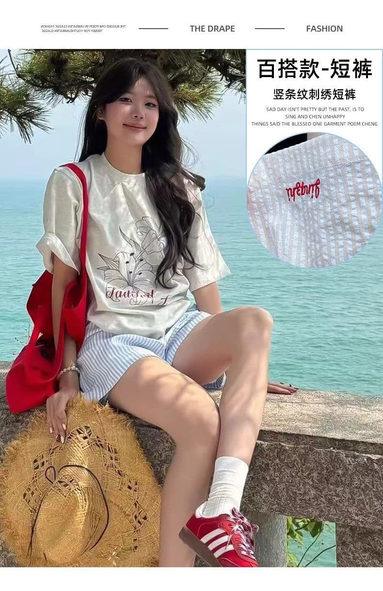 한 부서 파란색 스트라이프 반바지 여성 여름 얇은 스타일 자수 펌프 로프 핫 바지 하이웨이스트 넓은 다리 운동 루즈핏 3 점 바지 상세 이미지 4