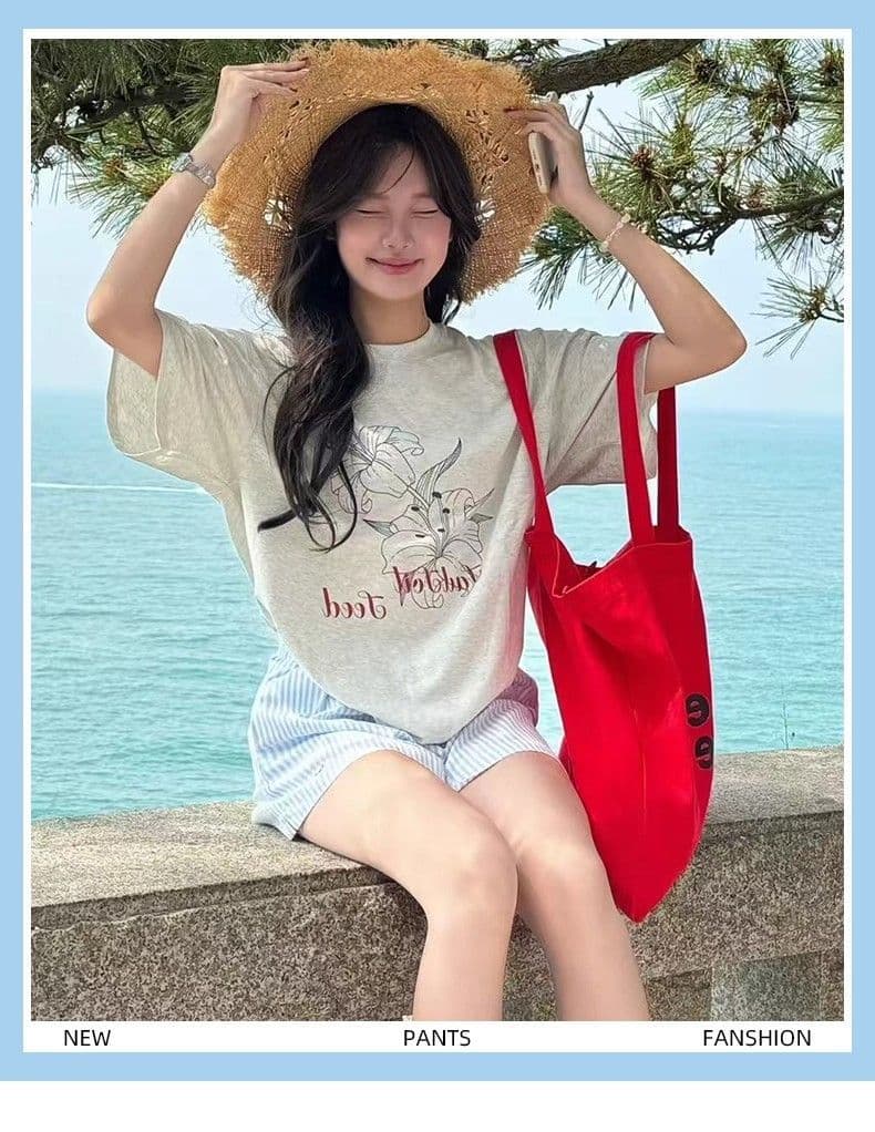 한 부서 파란색 스트라이프 반바지 여성 여름 얇은 스타일 자수 펌프 로프 핫 바지 하이웨이스트 넓은 다리 운동 루즈핏 3 점 바지 상세 이미지 12