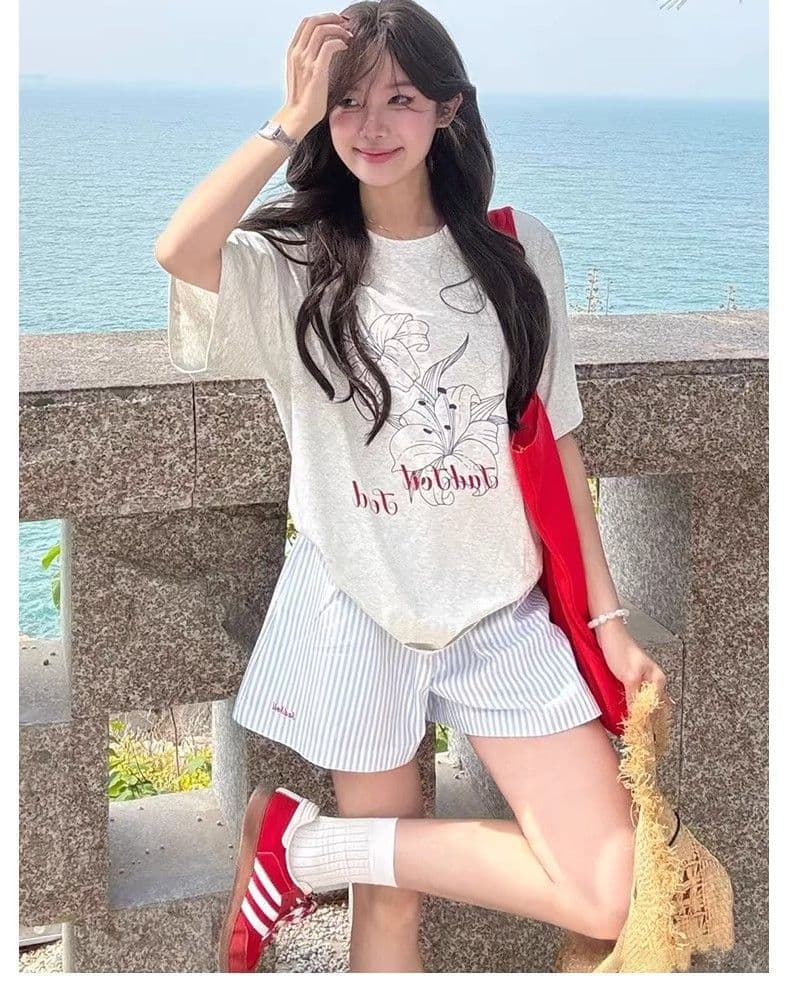 한 부서 파란색 스트라이프 반바지 여성 여름 얇은 스타일 자수 펌프 로프 핫 바지 하이웨이스트 넓은 다리 운동 루즈핏 3 점 바지 상세 이미지 16