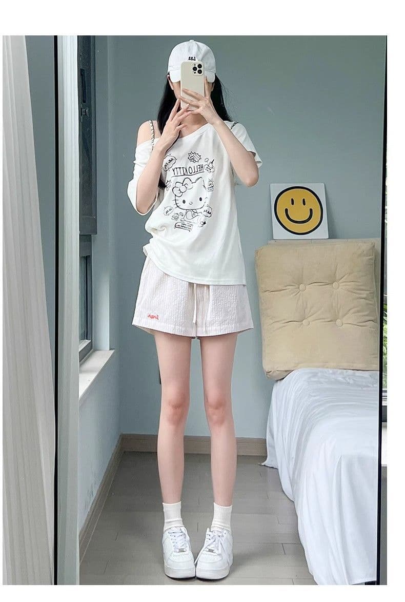 한 부서 파란색 스트라이프 반바지 여성 여름 얇은 스타일 자수 펌프 로프 핫 바지 하이웨이스트 넓은 다리 운동 루즈핏 3 점 바지 상세 이미지 19