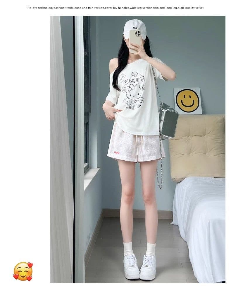 한 부서 파란색 스트라이프 반바지 여성 여름 얇은 스타일 자수 펌프 로프 핫 바지 하이웨이스트 넓은 다리 운동 루즈핏 3 점 바지 상세 이미지 21