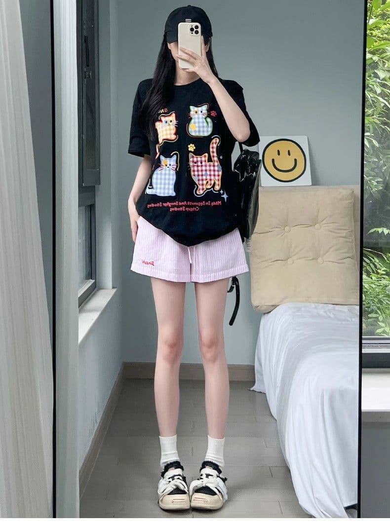 한 부서 파란색 스트라이프 반바지 여성 여름 얇은 스타일 자수 펌프 로프 핫 바지 하이웨이스트 넓은 다리 운동 루즈핏 3 점 바지 상세 이미지 23
