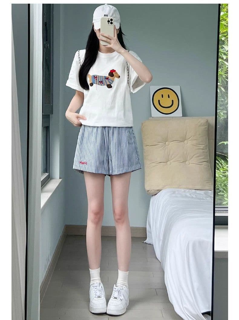 한 부서 파란색 스트라이프 반바지 여성 여름 얇은 스타일 자수 펌프 로프 핫 바지 하이웨이스트 넓은 다리 운동 루즈핏 3 점 바지 상세 이미지 24