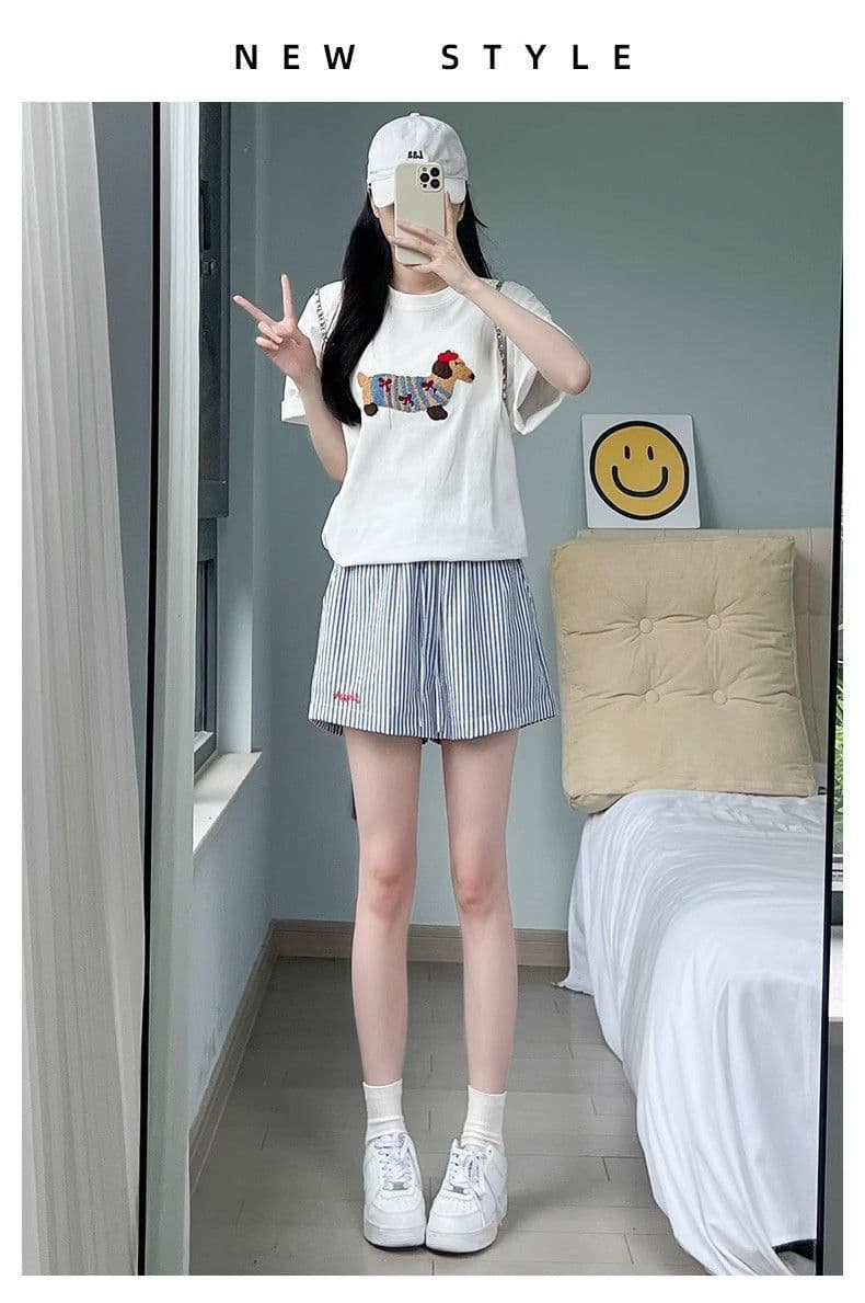 한 부서 파란색 스트라이프 반바지 여성 여름 얇은 스타일 자수 펌프 로프 핫 바지 하이웨이스트 넓은 다리 운동 루즈핏 3 점 바지 상세 이미지 25