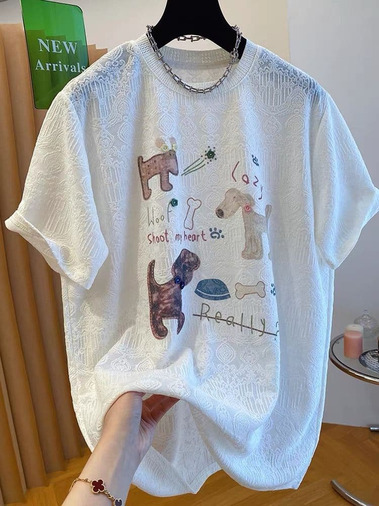 원본 원단 특별 빅 사이즈 300 근 고유 한 프린트 레이스 티셔츠 여성용 짧은 소매 2026 여름 새로운 이미지 2
