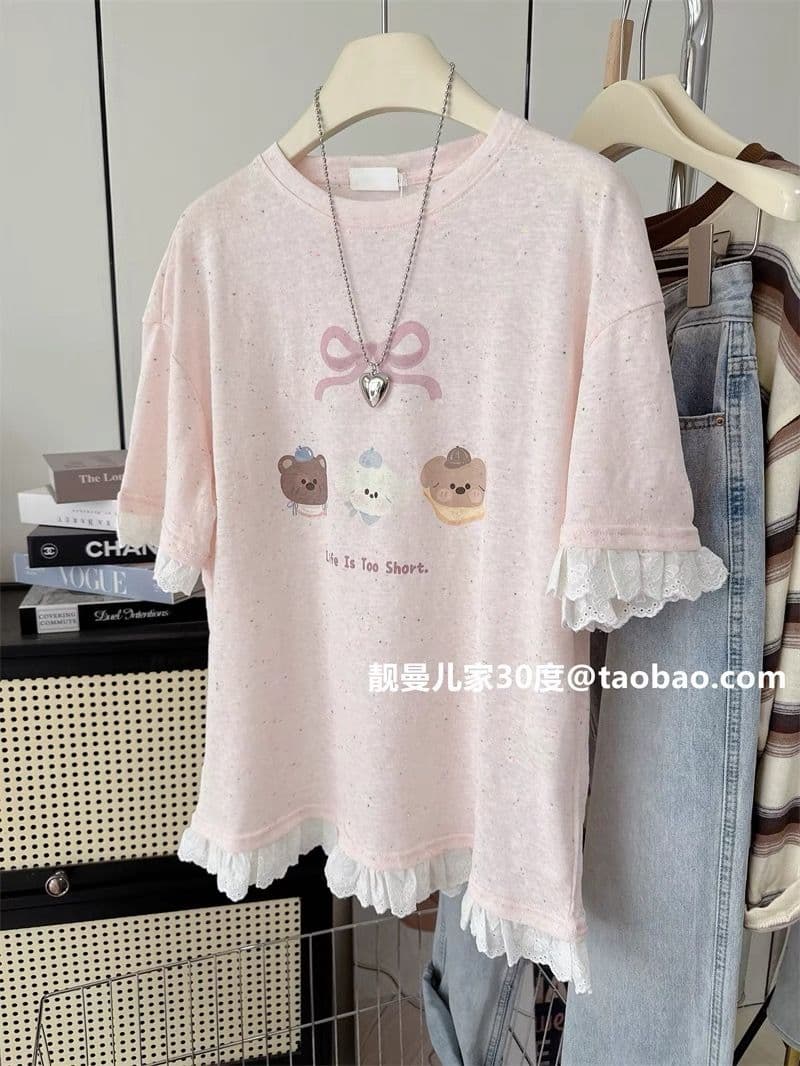 원본 원단 특별 빅 사이즈 300 근 레이스 여름 만화 프린트 반팔 티셔츠 여성 셔츠 이미지 3